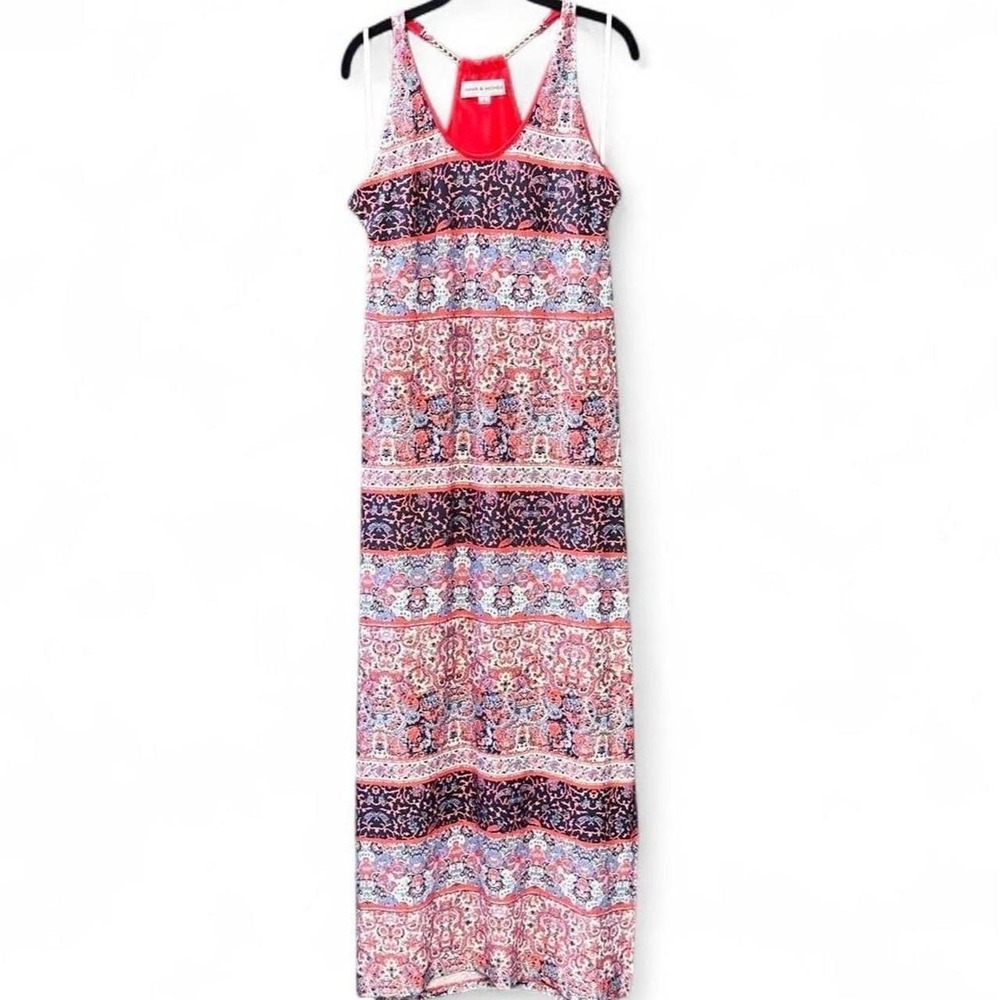 Festival Boho Vibe Red Flowy Maxi Dress with Gold Chain Halter Top Style